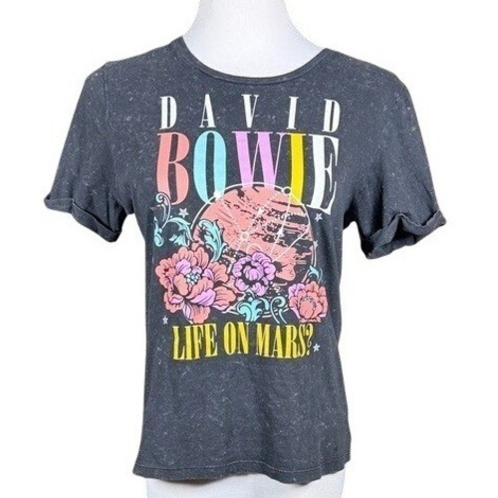 David Bowie T-Shirt Womens Medium Life on Mars Graphic Gray Acid Wash NEW